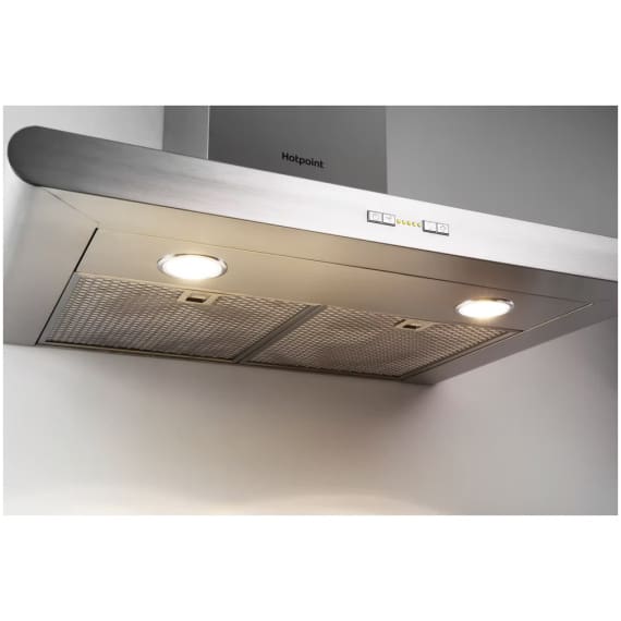 Hotpoint 70CM T-Box Hood - Button Control - Stainless Steel With Dishwashable Aluminium Grease Filter